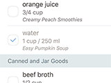 The grocery list - ingredients are automatically sorted into aisles and consolidated.